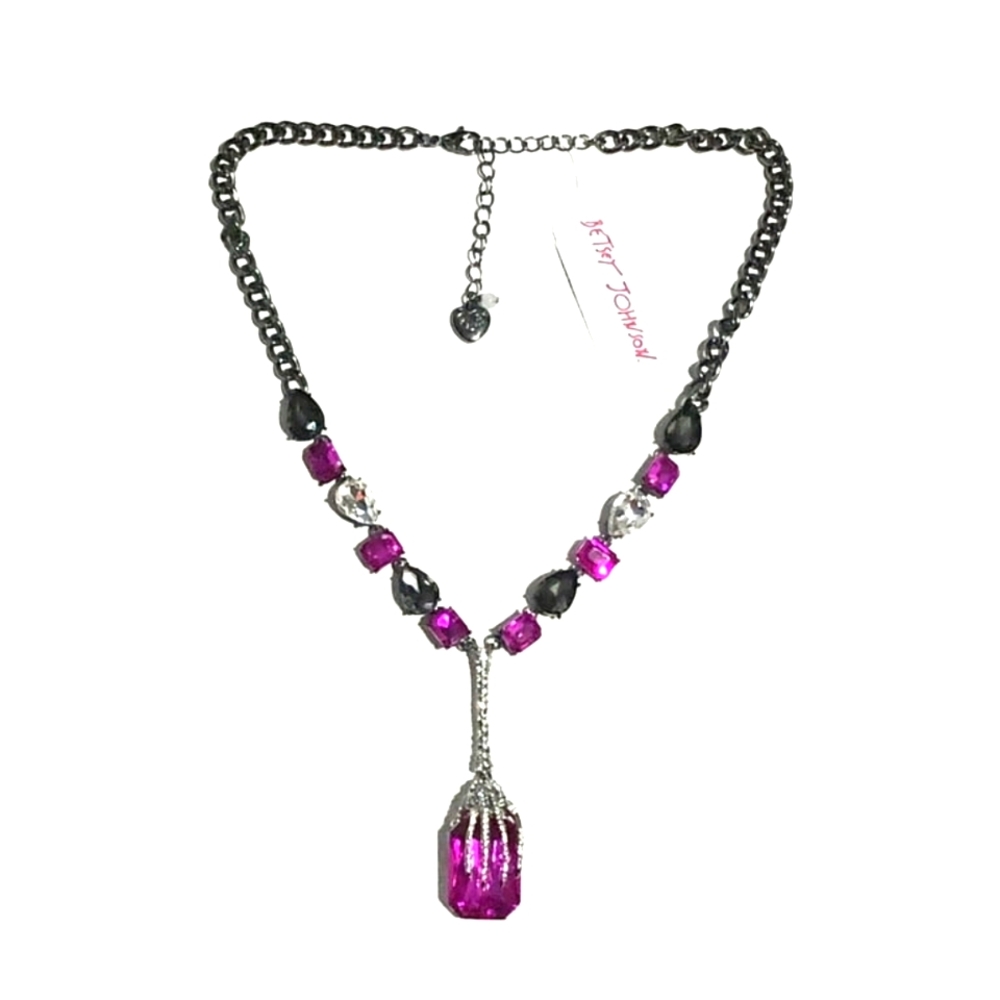 Betsey Johnson Rich Witch Hanging Skeleton Hand Crystals Pink Gem Drop Necklace
